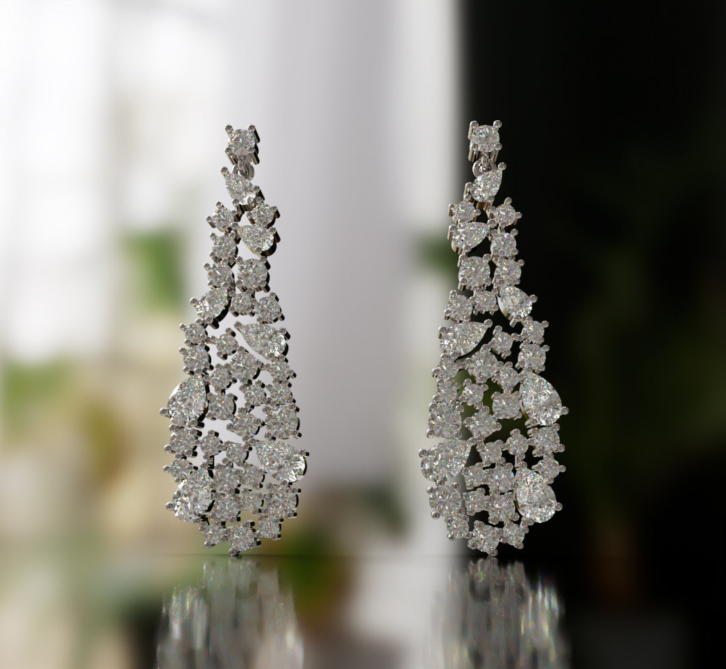Pear Shape and Round Diamonds Cluster Drop Earrings