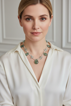 Load image into Gallery viewer, Model Wearing Moss Green Aquamarine and Moonstone Necklace - Accurate Sizing
