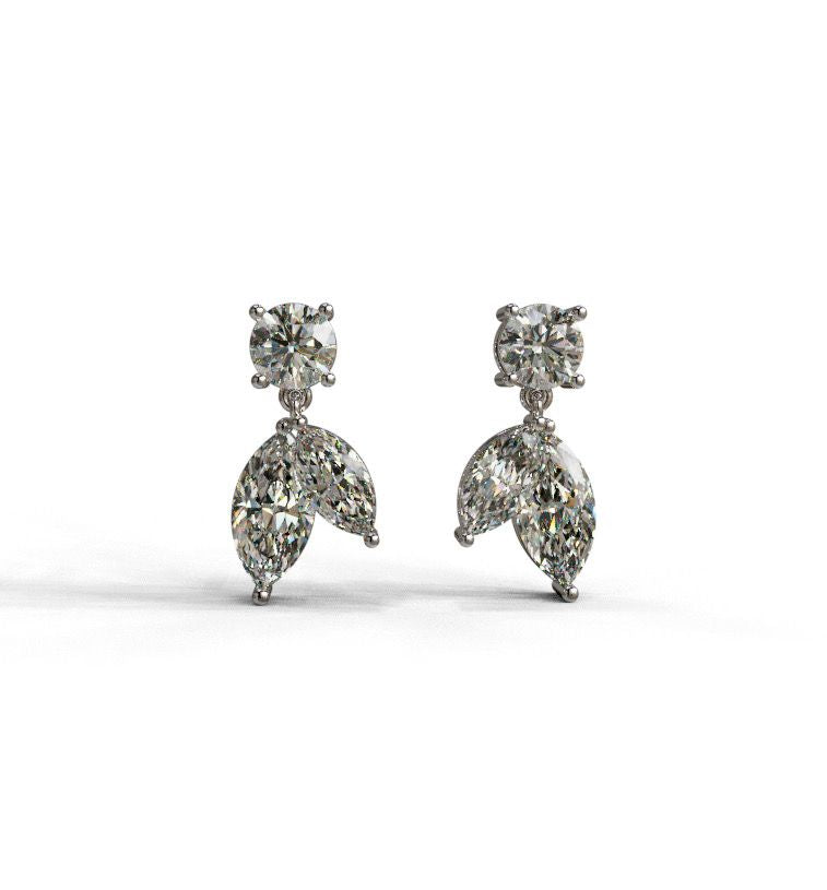 Marquise Shape and Round Diamond Dangle Earrings