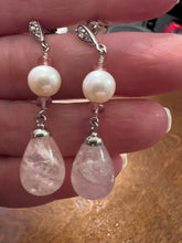 Load image into Gallery viewer, Rose Quartz &amp; White Pearl Drop Earrings with CZ Pave post - minadjewelry
