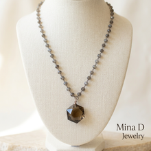 Load image into Gallery viewer, Smoky quartz and labradorite necklace on an ivory display bust
