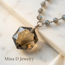 Load image into Gallery viewer, Smoky quartz pendant editorial detail on pale marble
