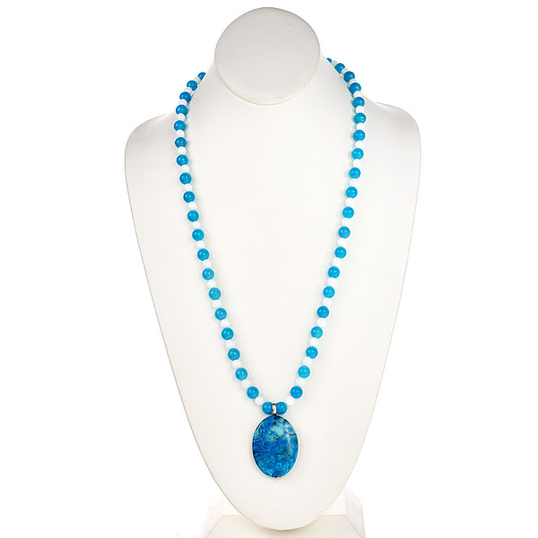 Ocean Blue Agate Pendant Necklace on Blue & White Agate Rounds