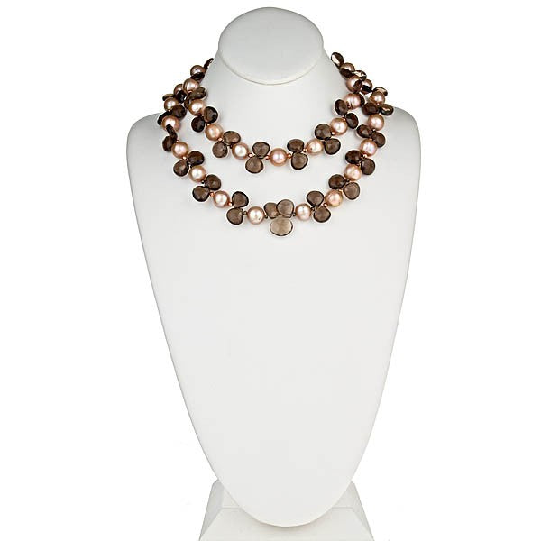 Two Row Smoky Quartz Briolle & Champagne Pearl Necklace - minadjewelry
