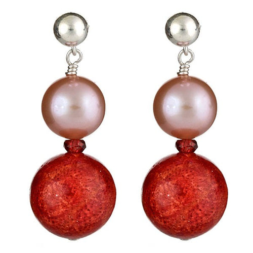 Red Sponge Coral & Pink Pearl Earrings - minadjewelry