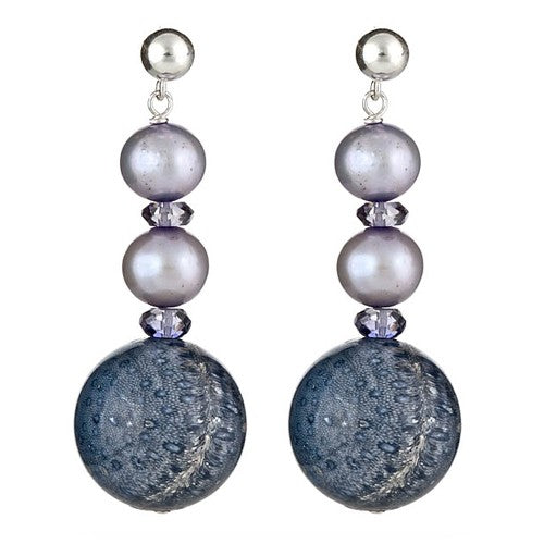 Blue Sponge Coral with Double Silver Blue Pearls Earrings - minadjewelry