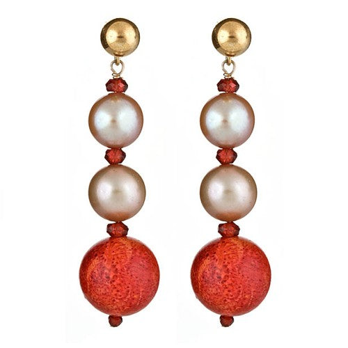 Champagne Pearl & Red Sponge Coral Earrings - minadjewelry