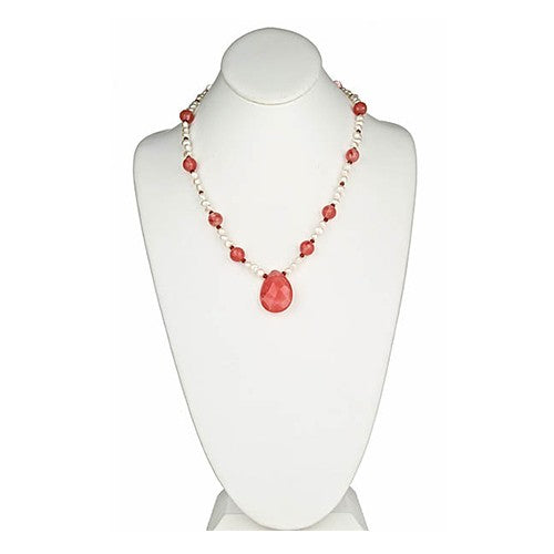 Cherry Quartz, White Pearl Pendant Necklace - minadjewelry