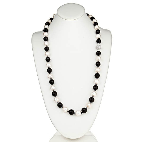 Faceted Onyx & Pearl Necklace with CZ Pave Sterling Silver Clasp - minadjewelry