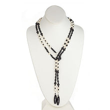 Load image into Gallery viewer, Pearl &amp; Onyx Lariat finished with Large Faceted Barrel shaped Onyx - minadjewelry
