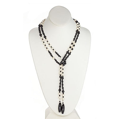 Pearl & Onyx Lariat finished with Large Faceted Barrel shaped Onyx - minadjewelry