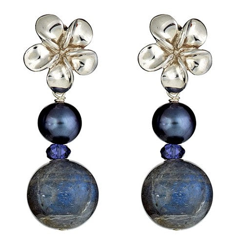 Labradorite & Dark Pearl Flower Earrings - minadjewelry