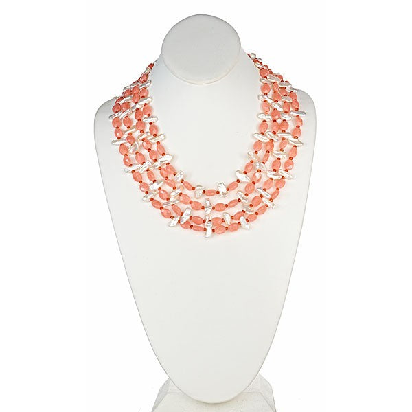 Peach Jade & White Biwa Pearl Necklace - minadjewelry