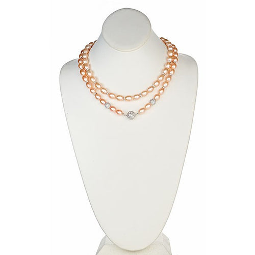 Peach Pearl and Sterling Silver CZ Roundels with CZ Pave Sterling Silver Clasp Necklace - minadjewelry