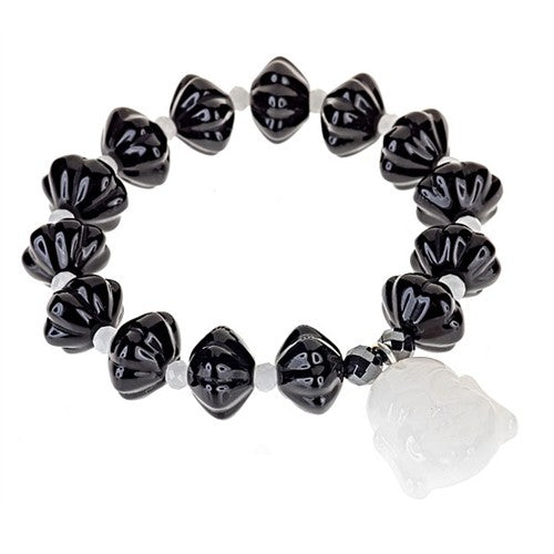 Black Agate Stretch Bracelet with White Agate Buddah - minadjewelry