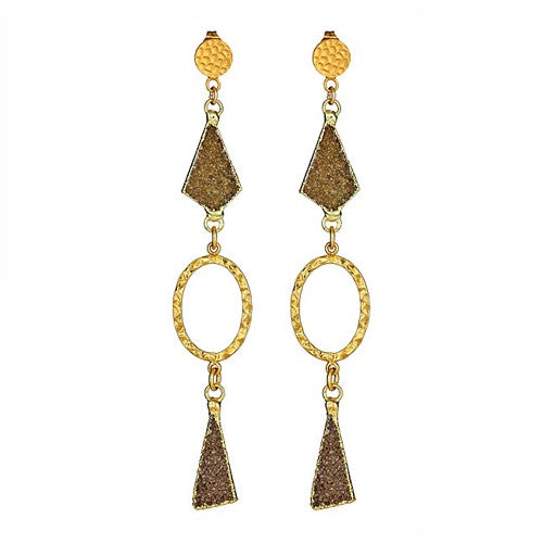 Druzy Gold Long Dangling Earrings with Hammered Round Post - minadjewelry