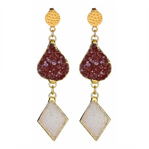 Double Druzy Drop Earrings with Hammered Round Gold Posts - minadjewelry