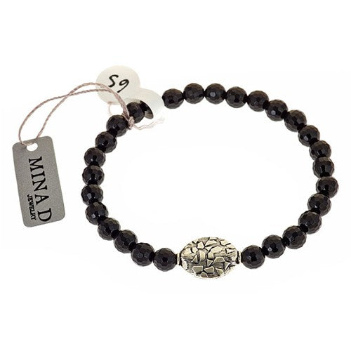 Onyx Stretch Bracelet with Sterling Silver Hammered Accent - minadjewelry