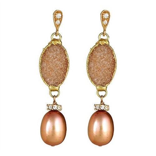 Golden Druzy Dangling Earrings with Golden Pearl - minadjewelry