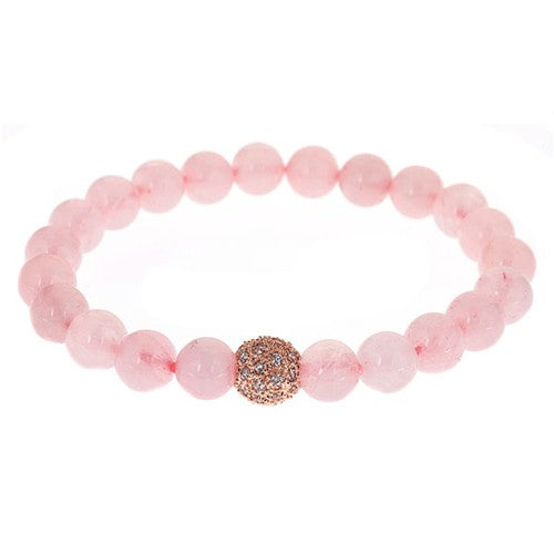 Smooth Rose Quartz CZ Pave Starburst Center Stretch Bracelet - minadjewelry