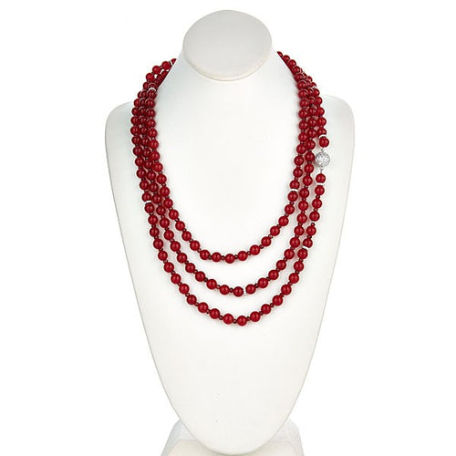 Red Jade Long Necklace with CZ Pave Sterling Silver Clasp - minadjewelry