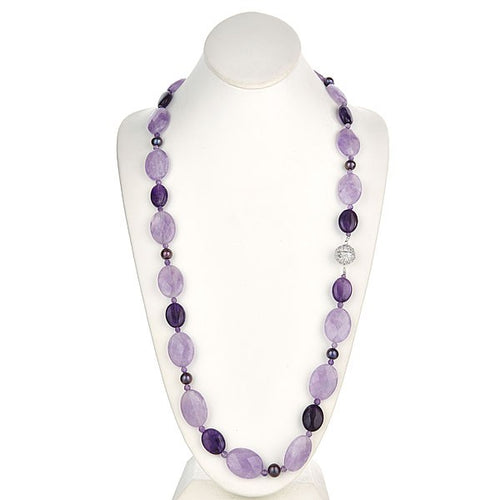 Long Amethyst Oval Necklace with CZ Pave Clasp - minadjewelry