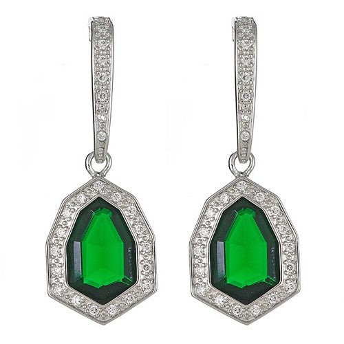 CZ Sterling Silver Dangling Earrings with Emerald Quartz Center - minadjewelry