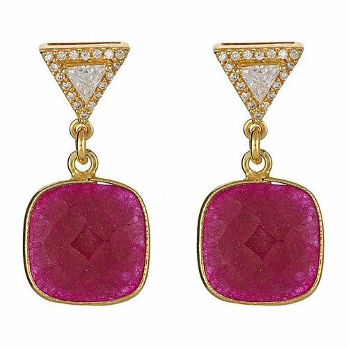 Ruby Cushion Earrings with Trillion CZ Pave Post - minadjewelry