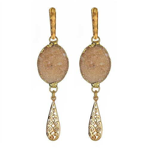 Golden Druzy Dangling Earrings with Filagree Drop - minadjewelry