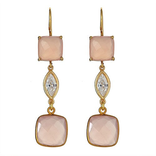 Rose Quartz Cushion Bezel Set Dangling Earrings - minadjewelry