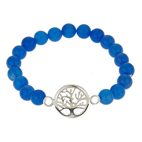 Blue Jade Stretch Bracelet with Sterling Silver Tree of Life Center - minadjewelry