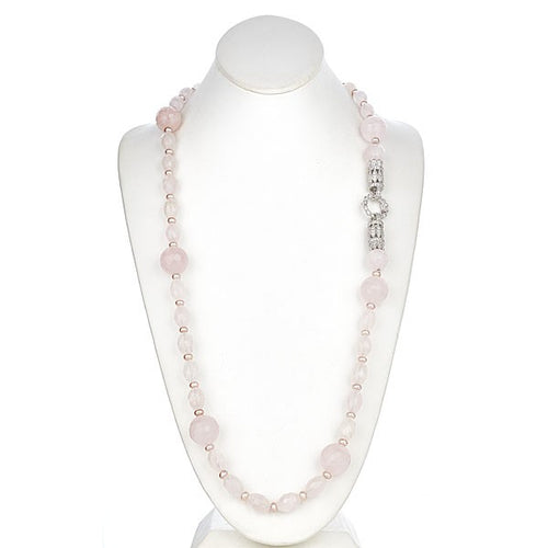 Long Rose Quartz Necklace with Sterling Silver Deco CZ Clasp - minadjewelry