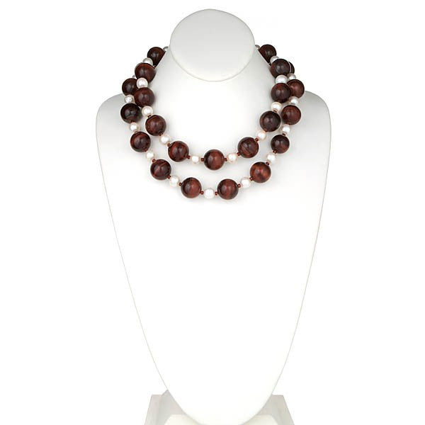 Red Tiger Eye, White Pearl and Garnet Necklace- minadjewelry