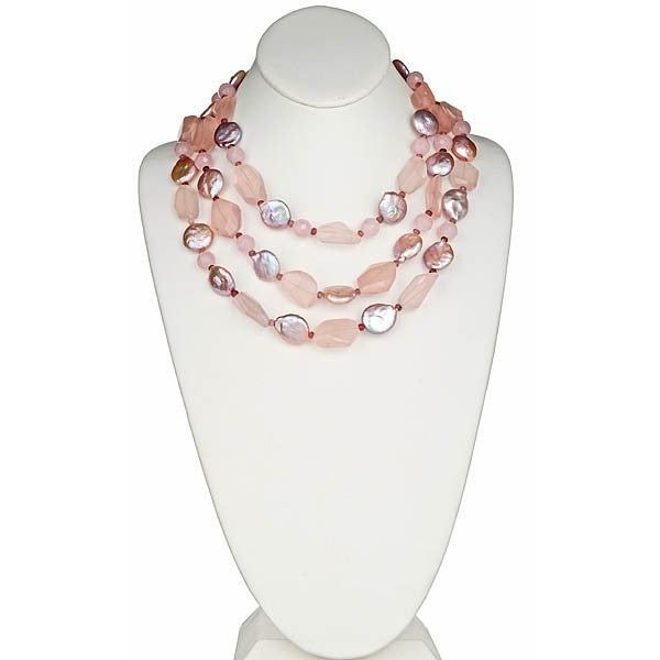 Rose Quartz and Iredescent coin pearl necklace - minadjewelry