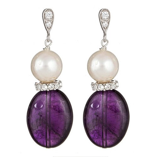 Amethyst Oval & White Pearl Earrings - minadjewelry