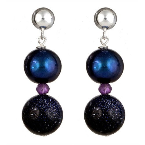 Blue Sandstone & Purple hued Pearl Earrings - minadjewelry