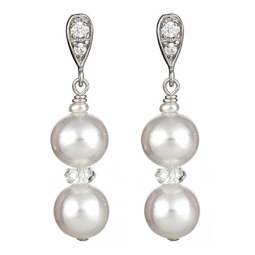 White Round Pearl Earrings with Sterling Silver CZ Post - minadjewelry