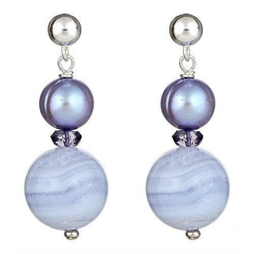 Blue Lace Agate & Grey Pearl Earrings - minadjewelry