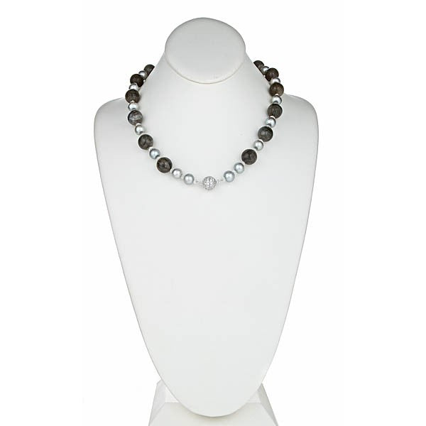 Labradorite & Silver Grey Pearl Necklace with pave CZ Clasp - minadjewelry