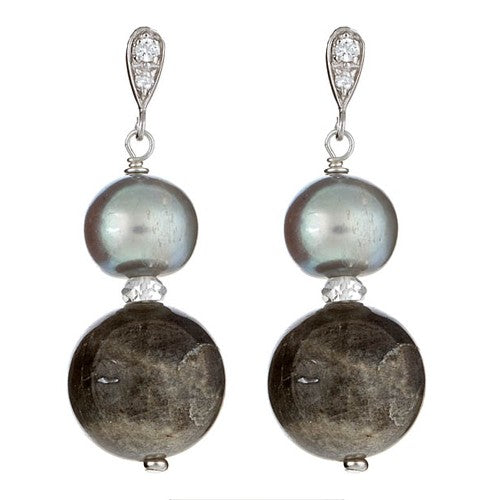 Labradorite & Silver Grey Pearl Earrings with CZ Post - minadjewelry
