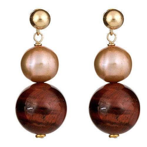 Red Tiger Eye & Champagne Pearl Earrings - minadjewelry