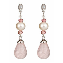 Load image into Gallery viewer, Rose Quartz &amp; White Pearl Drop Earrings with CZ Pave post - minadjewelry
