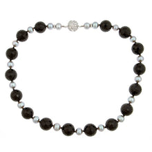 Load image into Gallery viewer, Onyx &amp; Silver Grey Pearl Necklace with CZ Pave Clasp - minadjewelry
