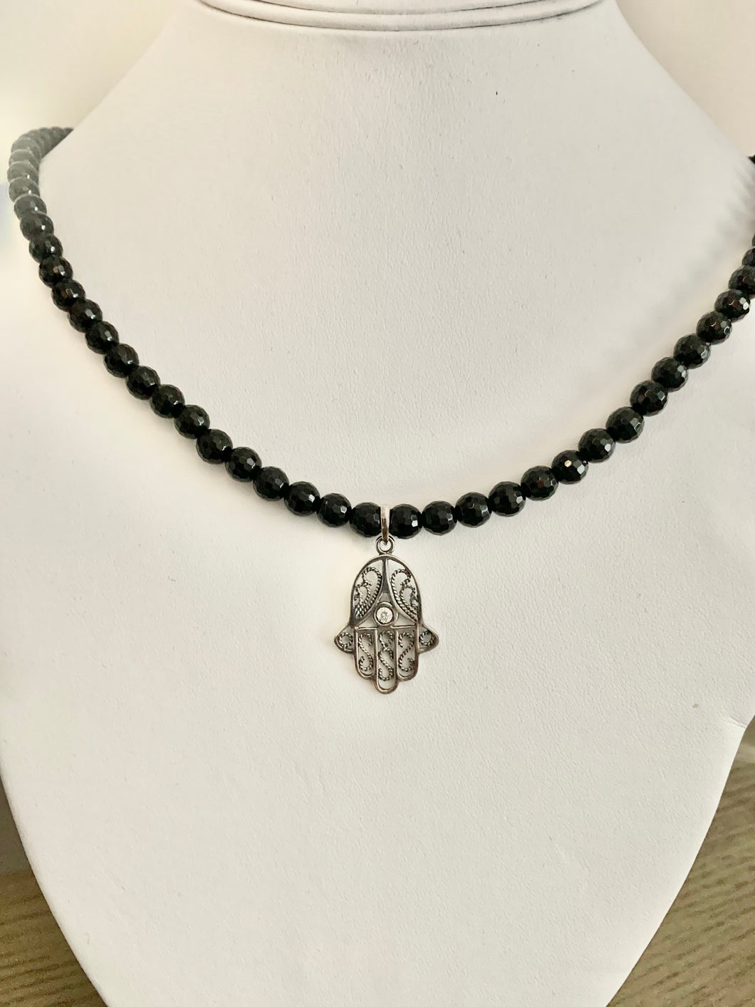 Onyx Necklace with Hamsa Pendant