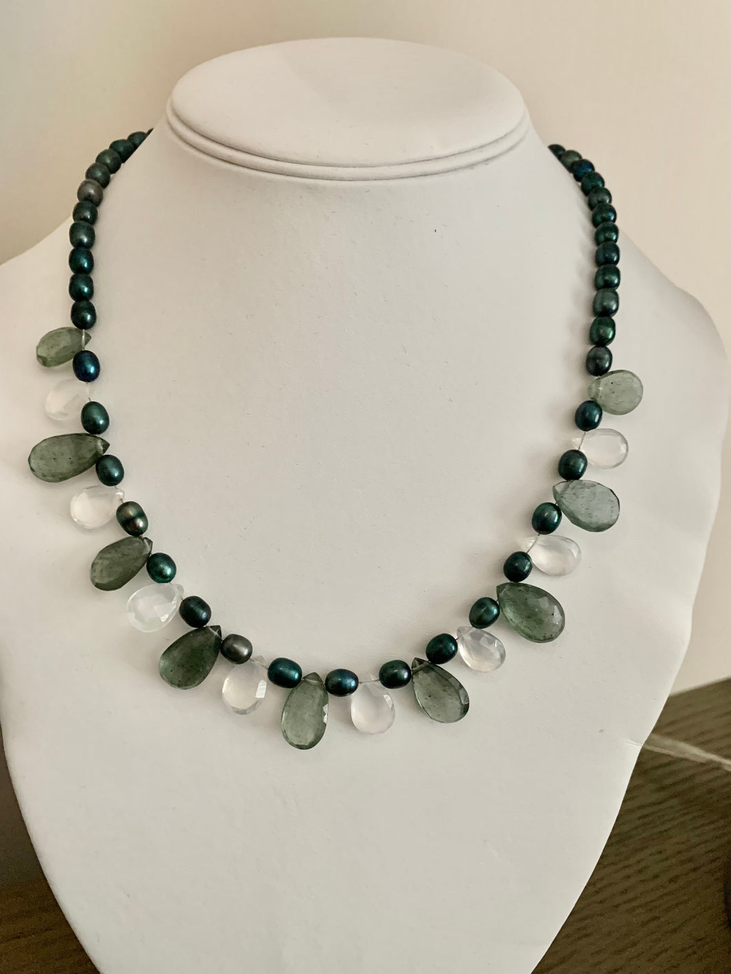 Deep Green Pearl Necklace with Green Moss Aquamarine & White Topaz Briolles