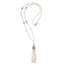 Load image into Gallery viewer, Pearl Tassel Necklace with sterling silver CZ Starburst Accents - minadjewelry
