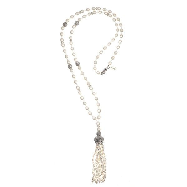 Pearl Tassel Necklace with sterling silver CZ Starburst Accents - minadjewelry